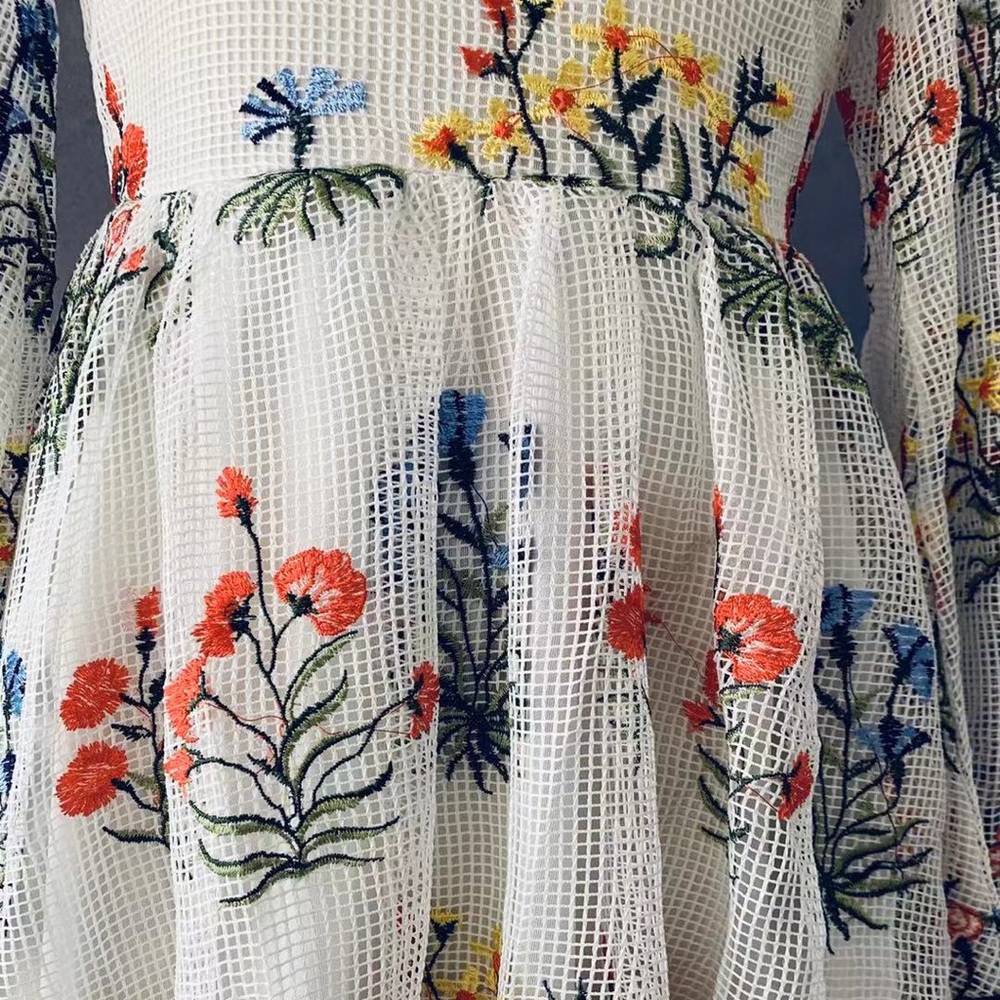 New A line Mesh Embroidered Puff Sleeve Dress - Picture 5 of 5